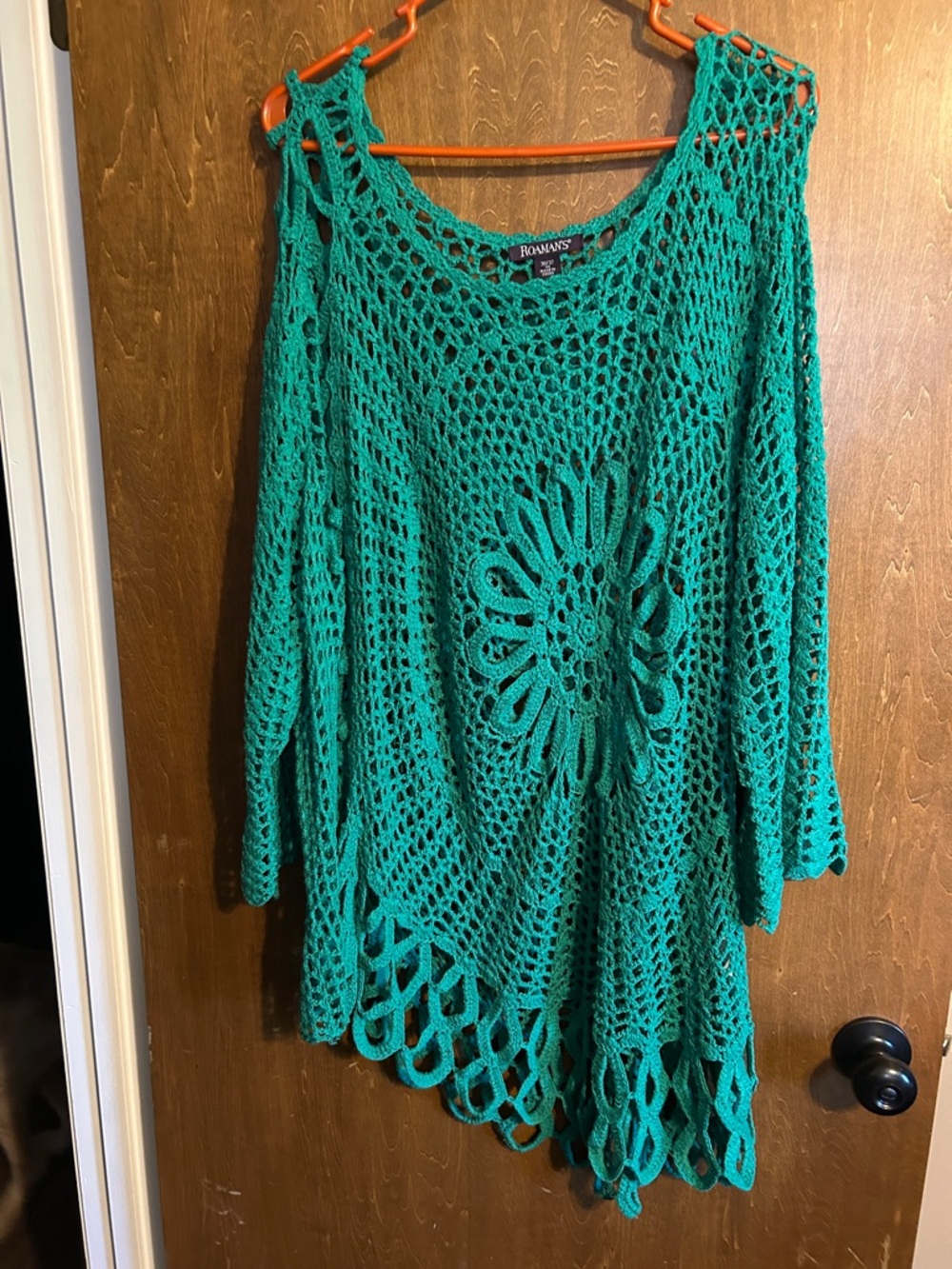 Roaman's Teal Crochet Openweave Sweater